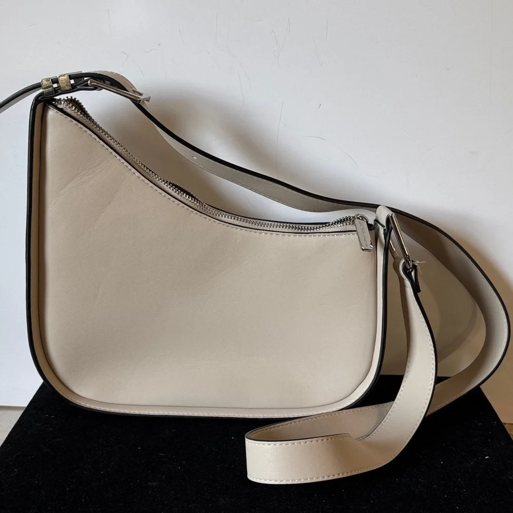 BCBGeneration Crescent Saddlebag Crossbody Purse Stone Beige Faux Leather